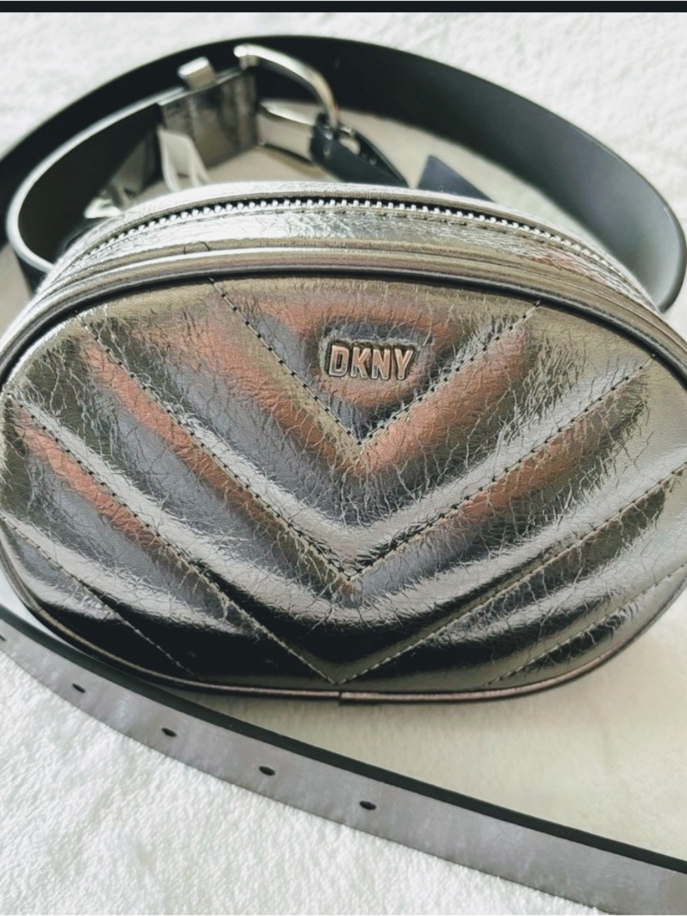 DKNY Metallic Pewter Belt with Oval Quilted Waist Bag--NWT--L/XL